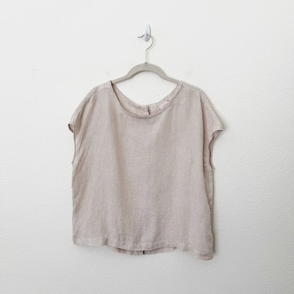 [St. Tropez West] Oatmeal Cream Linen Button Back Round Neck Blouse Sz Medium M